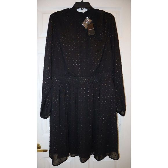 Torrid Women's Plus Sz 3 (3X) Deep Black Mini Clip Dot Blouson Sleeve Dress $86 - Picture 1 of 16